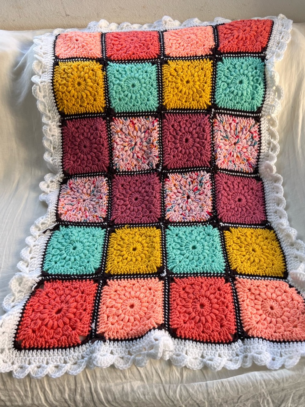Handmade Crochet Granny Square Baby Blanket‎ 41” x 30” Vibrant Multicolor Throw